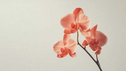 Fototapeta premium A lone soft coral orchid isolated against a pale grey background, close-up shot, Minimalist style