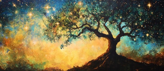 Majestic tree under a starry sky with sparkling stars creating a magical and enchanting atmosphere in a vibrant landscape