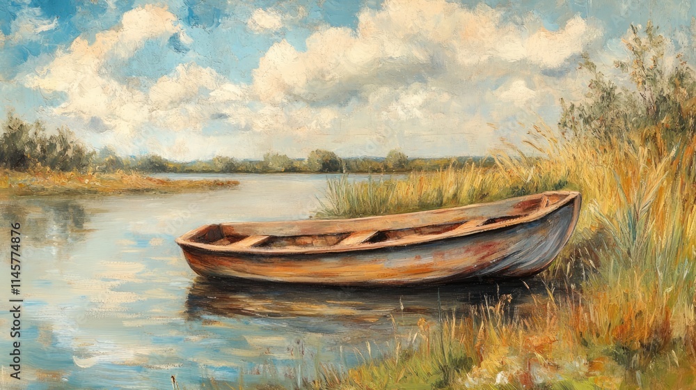 Poster serene rowboat resting on calm waters surrounded by lush greenery and vibrant clouds in a tranquil f