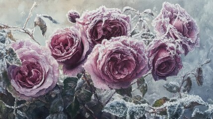 Frost-covered roses glistening in the winter light showcasing beauty and resilience in a delicate frozen landscape