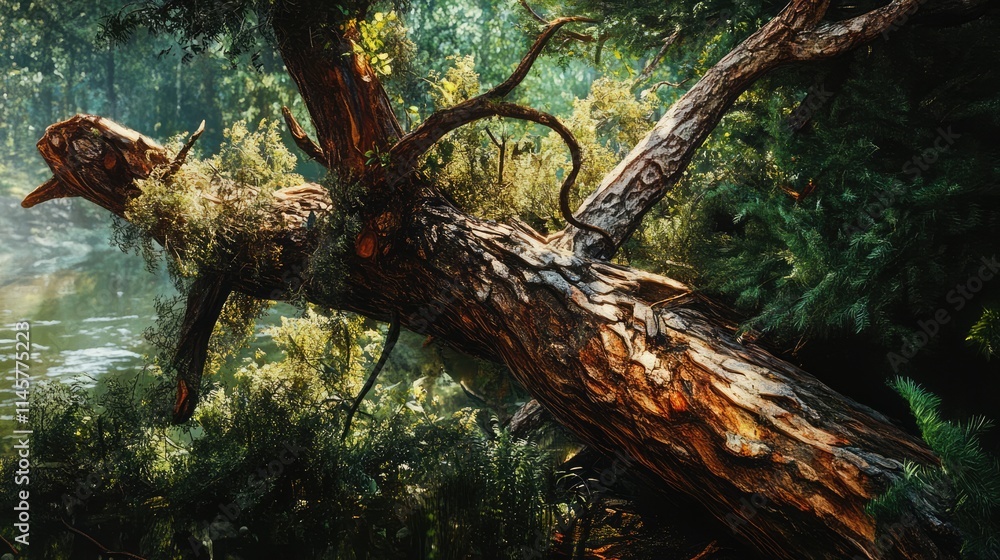 Poster detailed close-up of a fallen tree with textured bark and lush greenery surrounding it in a serene n