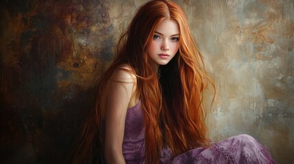 Fototapeta premium Young woman with long flowing red hair in a serene pose against a textured background capturing beauty and tranquility in natural light.