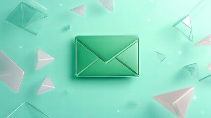 Green envelope amidst floating geometric shapes on a bright teal background.