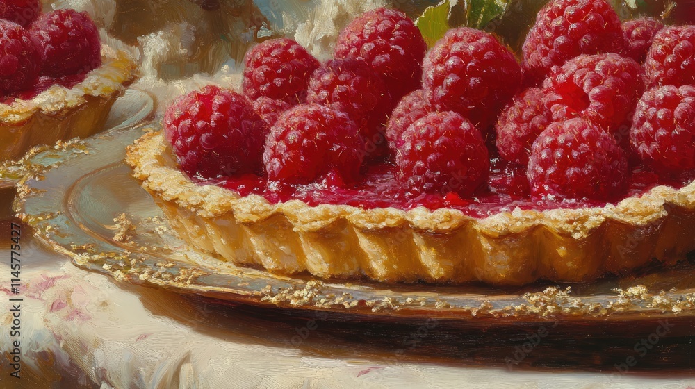 Poster close up of a delicious raspberry tartlet adorned with fresh raspberries presented on an elegant vin