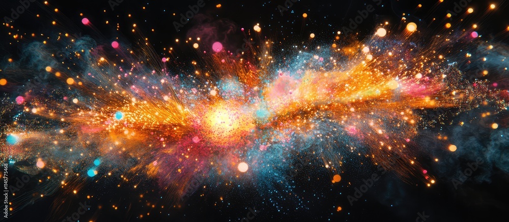 Poster vibrant cosmic explosion of fireworks creating a stunning visual effect in a dark sky background.