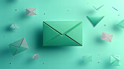 Colorful envelope illustrations floating on a vibrant teal background.