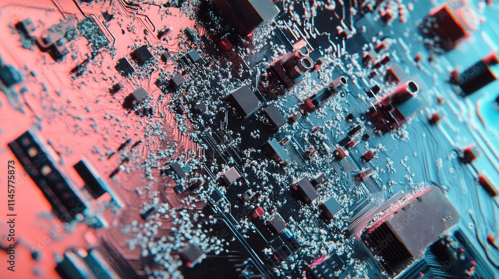 Poster a magnified view of a microchip design under a microscope, revealing the fine details of its etched 