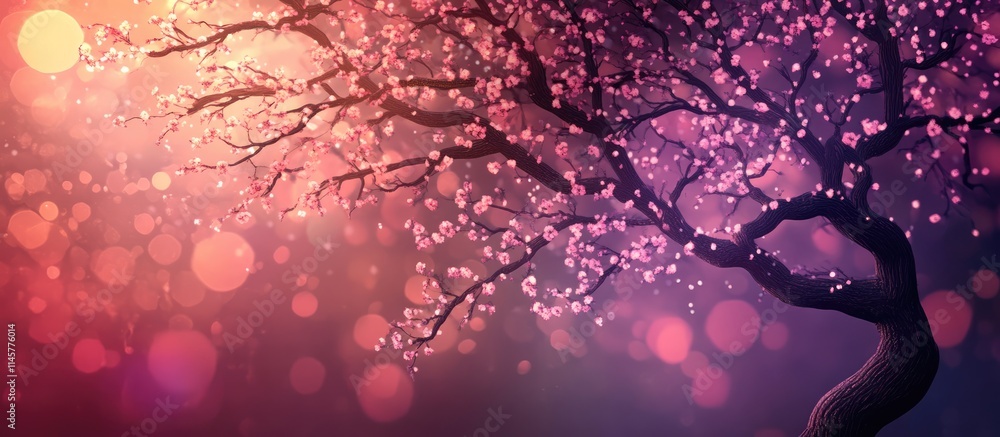 Poster decorative tree silhouette with vibrant bokeh lights softly glowing in a magical twilight setting