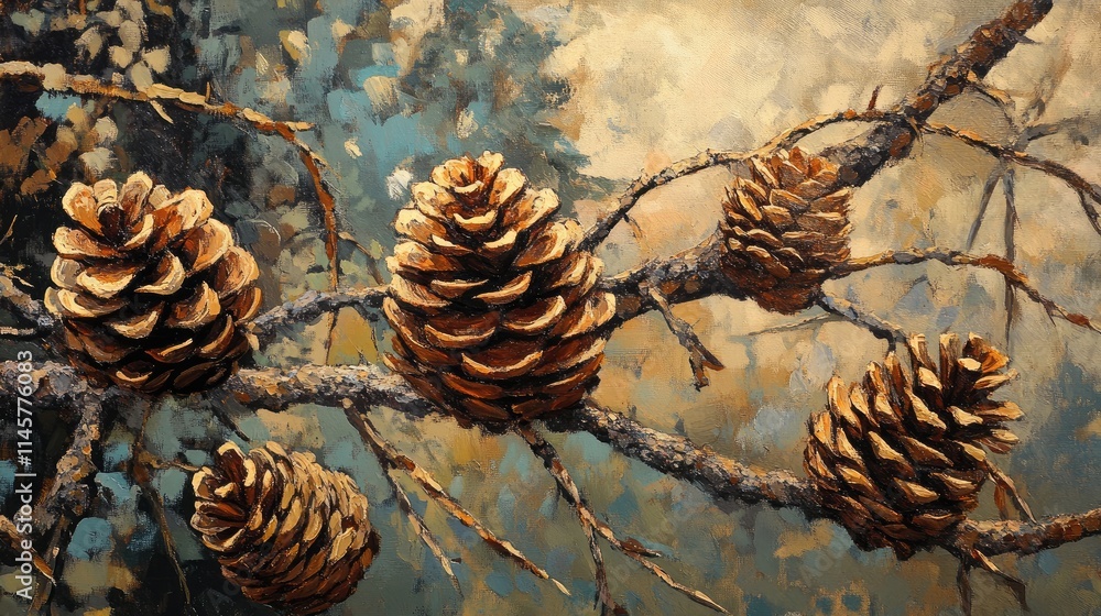 Poster pine cones on tree branches showcasing natural beauty in a textured artistic style with a soft blurr