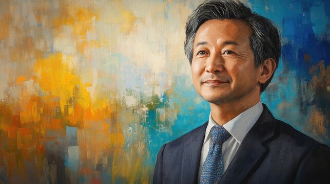 Confident Asian businessman portrait with abstract colorful background showcasing professionalism and success in a business setting.