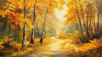Fototapeta premium Autumn forest pathway surrounded by vibrant golden trees and soft sunlight illuminating the serene landscape in a tranquil setting