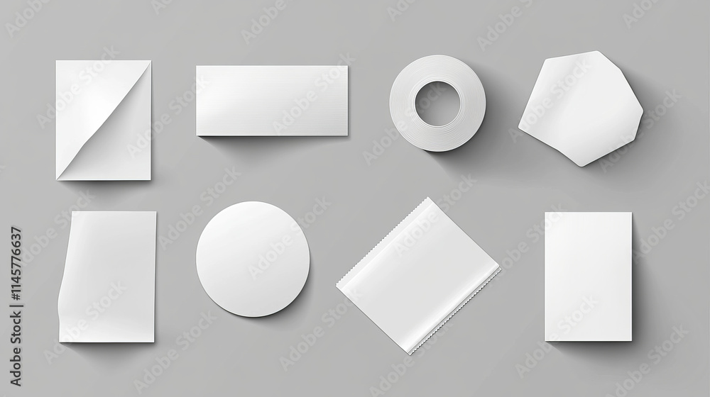 Poster white stickers, glued paper patches and adhesive tapes with wrinkles. vector realistic set of blank 