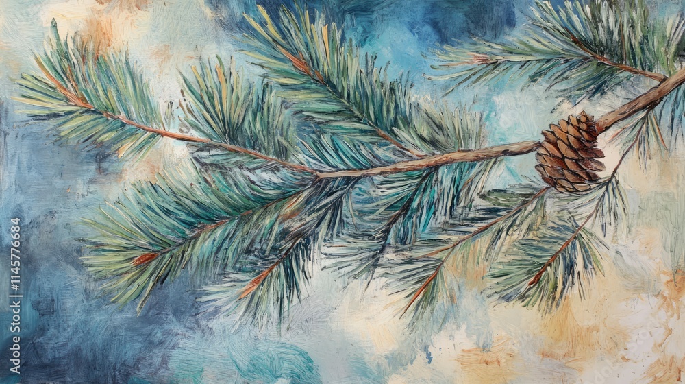 Poster pine tree branch with detailed foliage and a pine cone on a vibrant abstract background depicting na