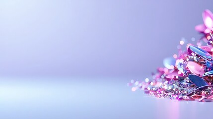 Abstract pink and purple metallic shapes on a light blue background.