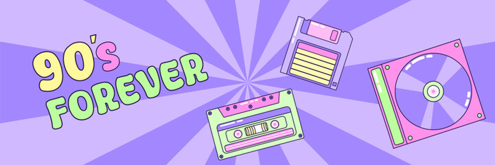 Horizontal banner 90s forever. Multicolored elements on striped background. Retro illustration with outline in 90s style. Vector illustration.