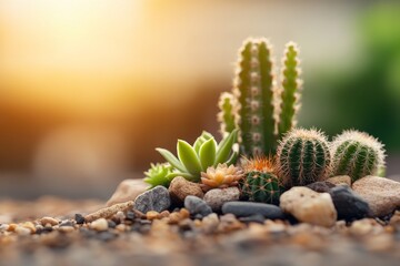 Fototapeta premium Cacti and succulents arranged on pebbles under soft sunlight during early evening hours