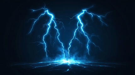 Lightning bolt hit into ground vfx effect. Blue electric or magic thunderbolt strike, impact, crack, wizard energy flash. Powerful electrical discharge, Cartoon vector set isolated on black background