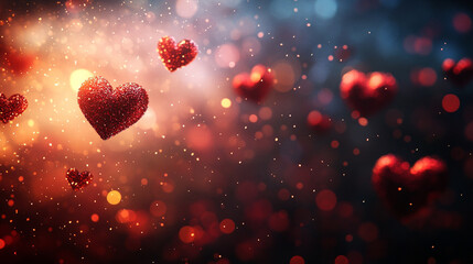 Obraz premium blurred red hearts on red background with bokeh effect