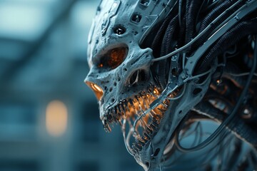 Futuristic robotic skull with intricate wiring and glowing eyes in a dimly lit industrial setting