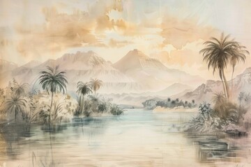 Obraz premium tranquil landscape, mountains, river, palm trees, soft colors