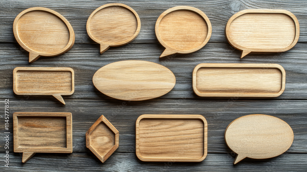 Poster cartoon set of wooden speech bubbles isolated on background. vector illustration of empty message fr