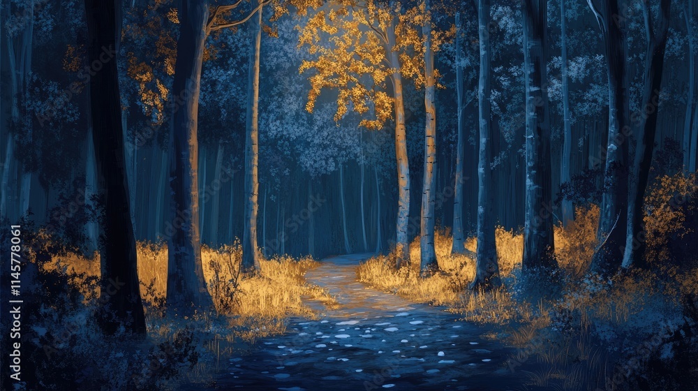 Poster mystical forest path illuminated by autumn leaves in a serene twilight setting with tall trees and g