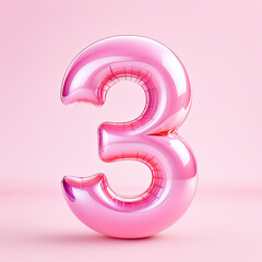 Bright pink number three balloon on pastel background for celebration and decoration