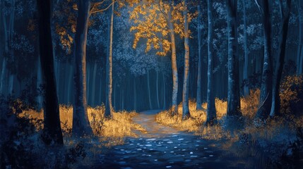 Obraz premium Mystical forest path illuminated by autumn leaves in a serene twilight setting with tall trees and golden foliage