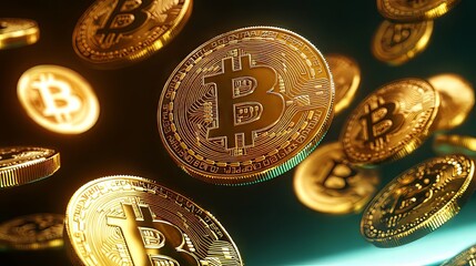 Floating golden Bitcoin coins representing cryptocurrency and digital finance.