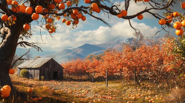 Autumn landscape featuring persimmon trees with ripe fruit and a rustic barn surrounded by colorful foliage and distant mountains.