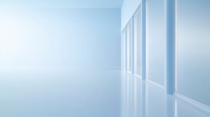 Obraz premium A serene, minimalist interior space featuring smooth, reflective surfaces and cool blue tones, creating a calm and spacious atmosphere.
