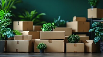 Moving boxes and furniture signify relocation, property investment, and real estate logistics, essential for new homes and online shopping deliveries.