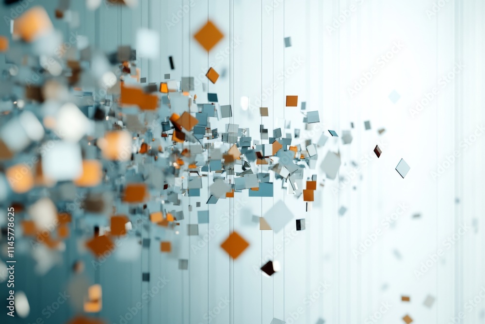 Poster dynamic abstract composition of floating geometric shapes in a light environment creating a sense of