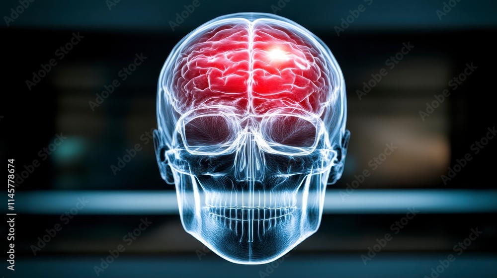 Poster a digital illustration showing a transparent skull with a highlighted brain, emphasizing the complex