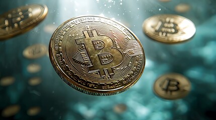 Three floating Bitcoin coins shining in blue underwater light.