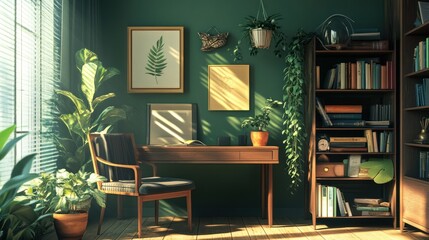 Serene Home Office with Lush Greenery and Sunlight
