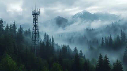 Signal Tower Standing Tall in Remote Mountainous Area with Fog