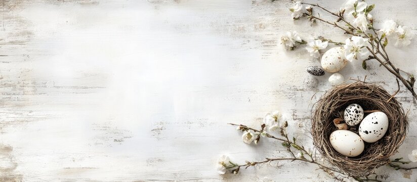 Easter themed wooden backdrop with quail eggs in a nest and floral branch creating an ideal space for text or messages
