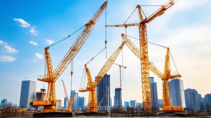 Fototapeta premium A vibrant construction site with tall cranes against a clear blue sky, highlighting urban development and architectural progress.
