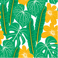 Abstract seamless tropical pattern with bright plants and leaves on a white background. Seamless botanical pattern with plants. Exotic jungle wallpaper. Trendy summer Hawaii print.