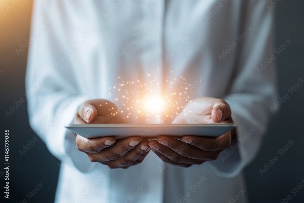 Poster hands holding a glowing orb with sparkling particles in a dark setting during a creative demonstrati