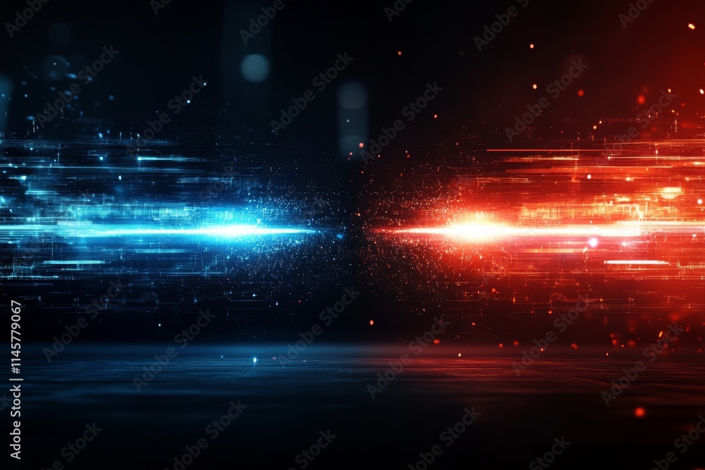 Poster dynamic blue and red light streaks create a sense of speed and motion in a dark space