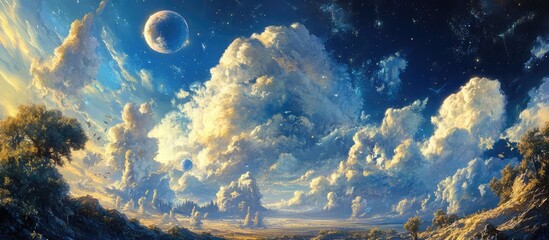Vibrant landscape under a dynamic sky featuring dramatic clouds and a celestial view creating an awe-inspiring natural scene