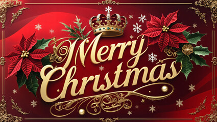 The deep red background, grading to a warm gold hue, evokes a sense of luxury and sophistication, with smooth, ornate edges and subtle, sparkling glitter with a Merry Christmas message in gold font