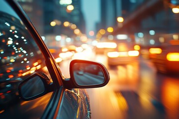 Busy city traffic at dusk with colorful lights reflecting off car window
