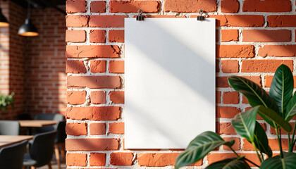 A4 paper mockup hanging on brick wall in cozy cafe interior
