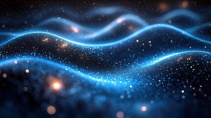 Fototapeta premium Neon blue motion of particles represents connection, cybersecurity, futuristic technology, digital transformation, big data, electricity, energy, programming software, and cloud computing.