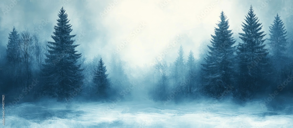 Poster winter landscape with misty forest and snow-covered ground creating a serene and atmospheric grunge 