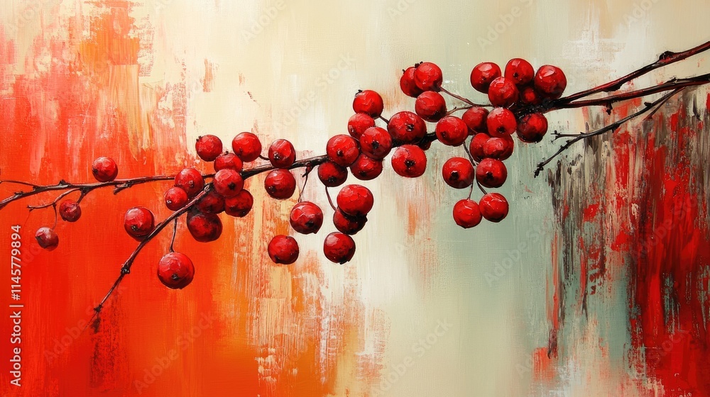 Poster vibrant red berries on a textured branch against an abstract background of warm hues creating a stri