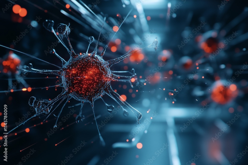 Poster 3d representation of a virus with red highlights in a futuristic digital environment